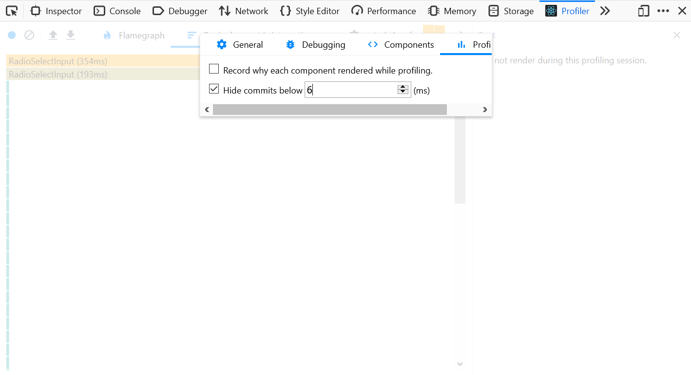 Image of React DevTools' Profiler Hide commits panel